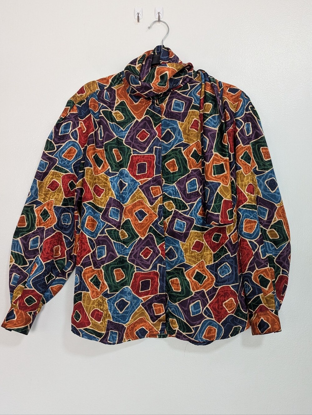 Vintage 80s Lord & Taylor Size 12 Geometric Jewel Tone Tie-Neck Secretary Blouse